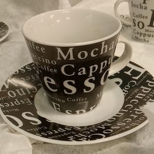 Toscana mini tea cup and plate set black. And white plates and tea cups